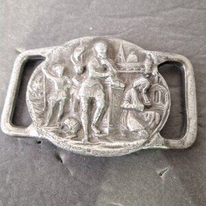 Vintage Belt Buckle Pewter Medieval Plague Scene in Relief